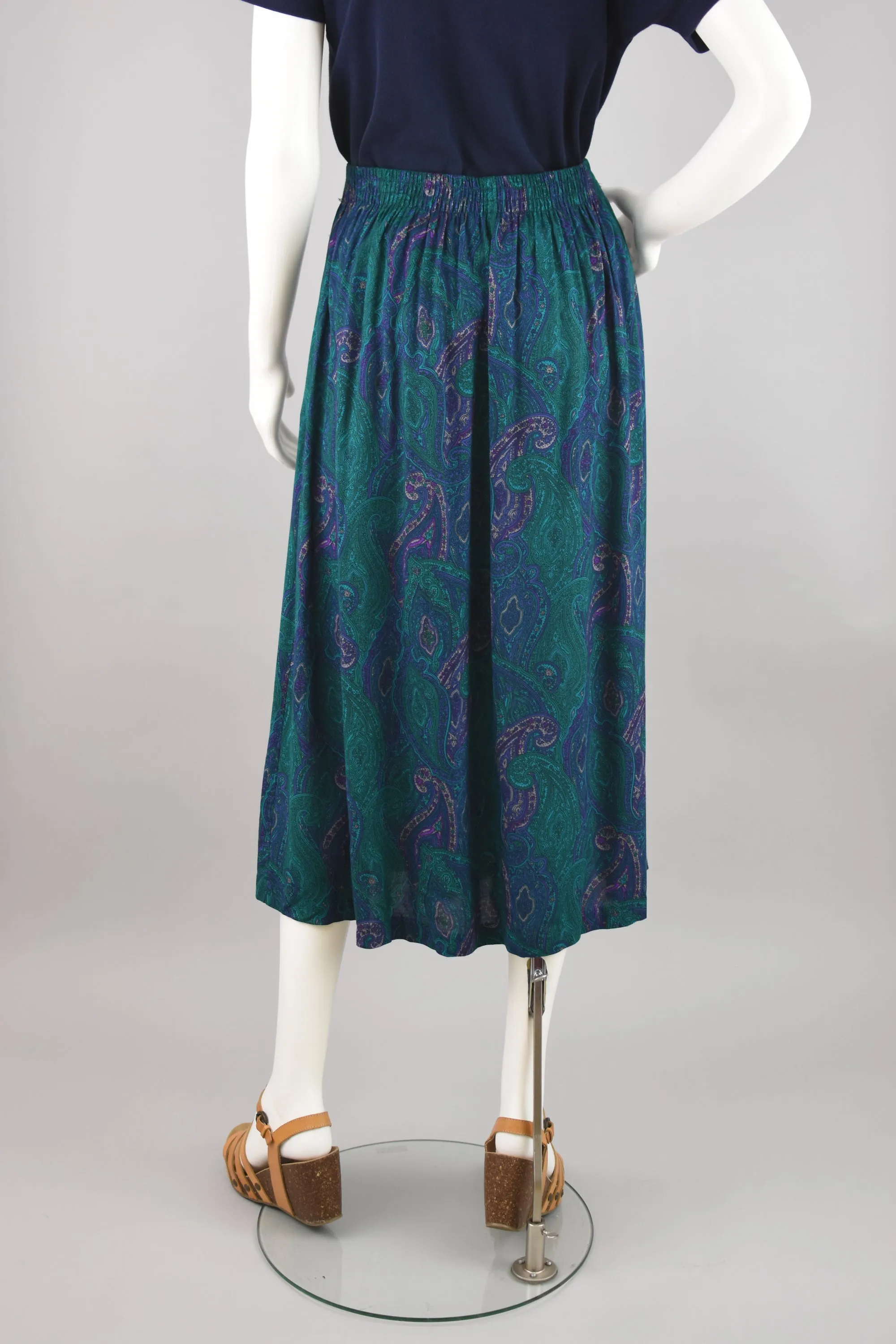 80s Green Paisley Pleated Midi Skirt Women's 30" Waist