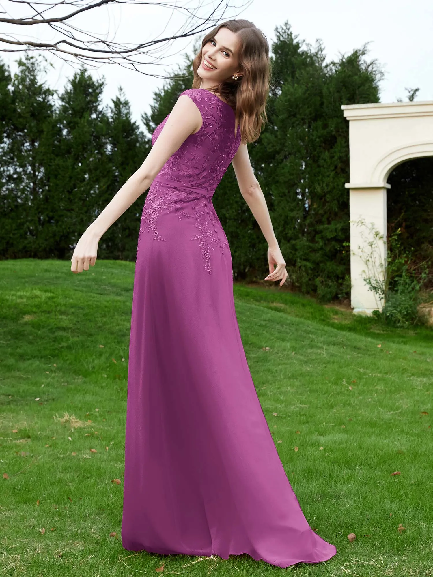 A-Line Chiffon Dress with Flower Appliqued Orchid Plus Size