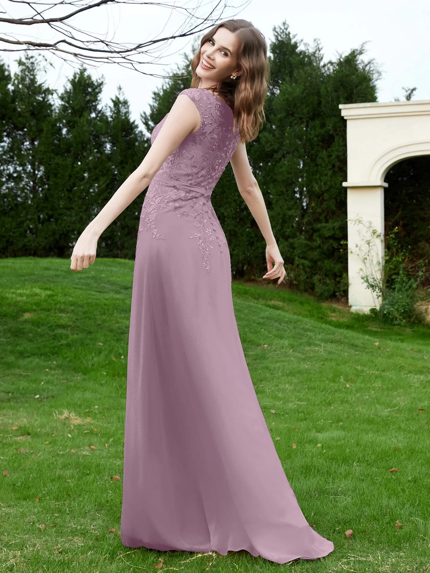 A-Line Chiffon Dress with Flower Appliqued Vintage Mauve Plus Size