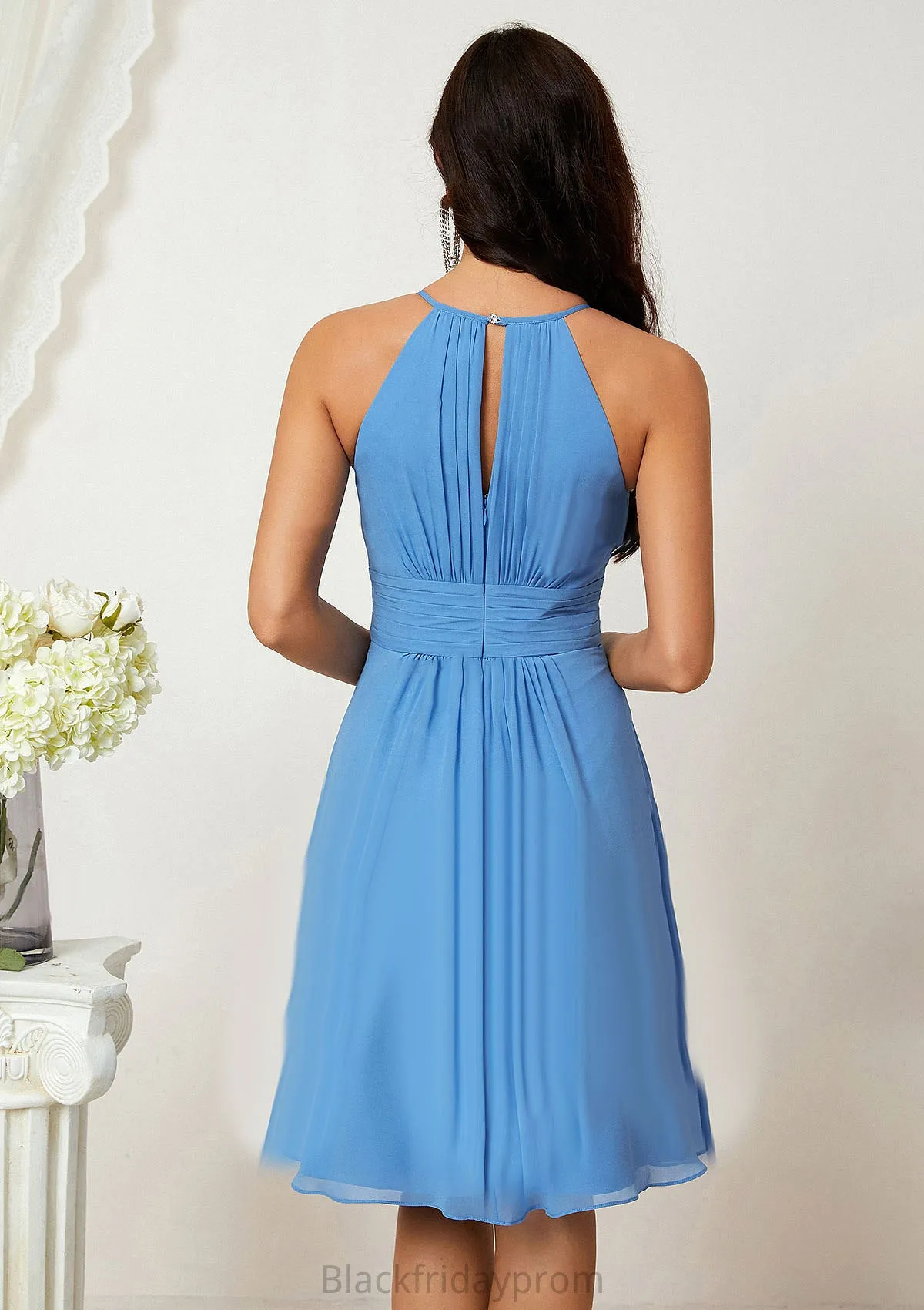 A-line Halter Sleeveless Knee-Length Chiffon Bridesmaid Dresses With Pleated    Harmony BF2P0025324