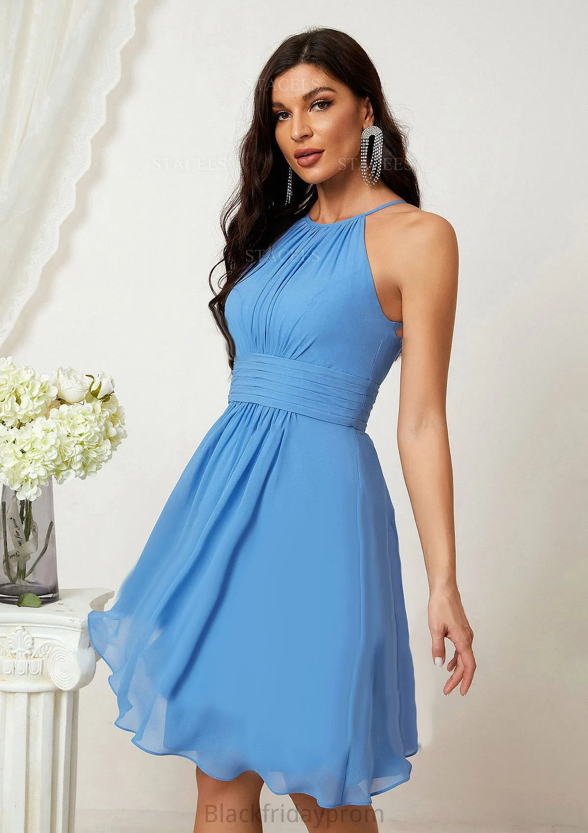 A-line Halter Sleeveless Knee-Length Chiffon Bridesmaid Dresses With Pleated    Harmony BF2P0025324