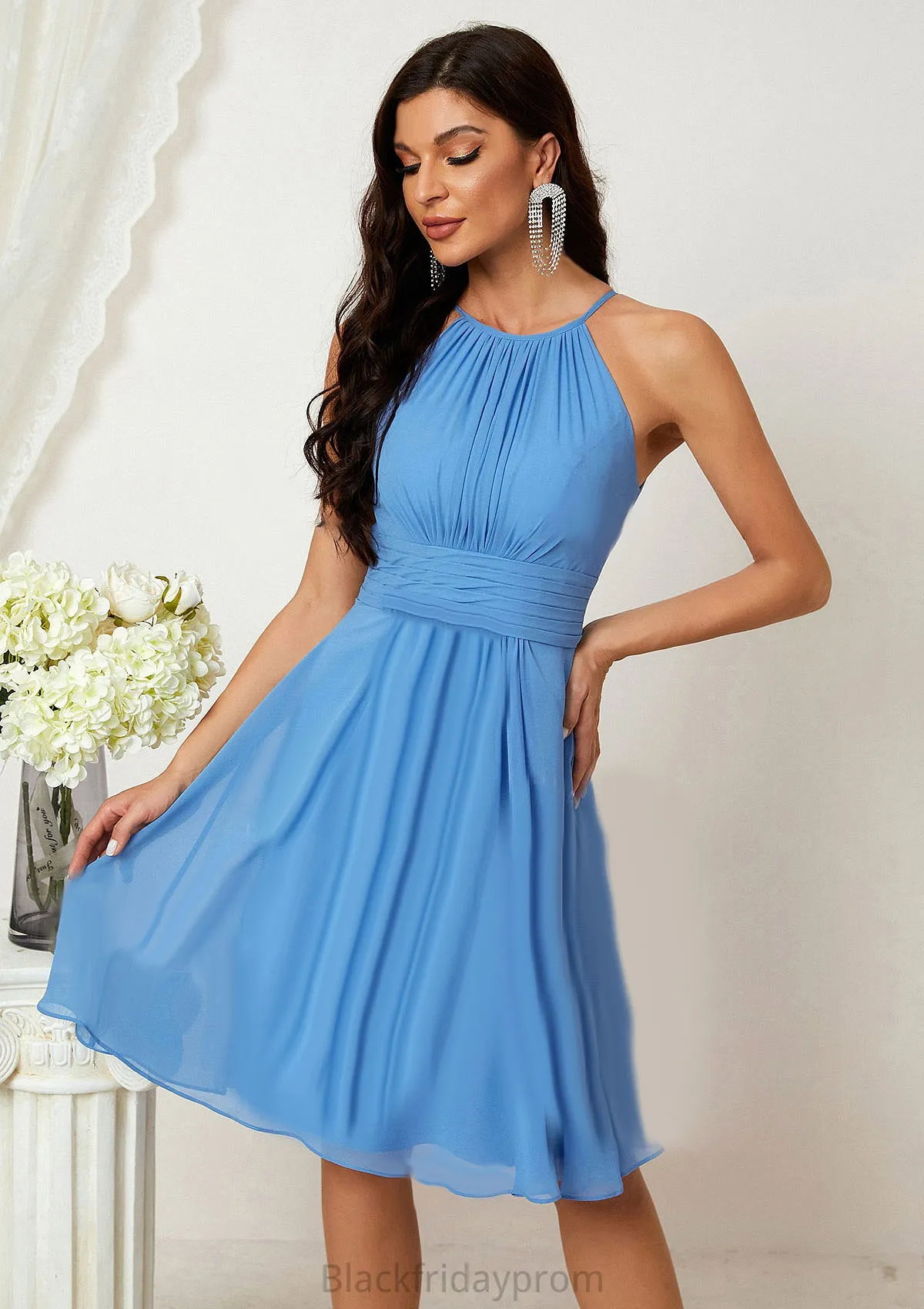 A-line Halter Sleeveless Knee-Length Chiffon Bridesmaid Dresses With Pleated    Harmony BF2P0025324