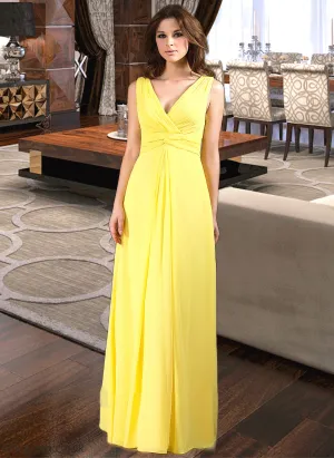 Addisyn A-Line V-neck Wrapped Bodice Floor-length Chiffon Bridesmaid Dress SWKP0013093