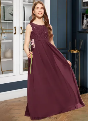Akira A-Line Scoop Neck Floor-Length Chiffon Lace Junior Bridesmaid Dress With Beading Sequins HHP0013572