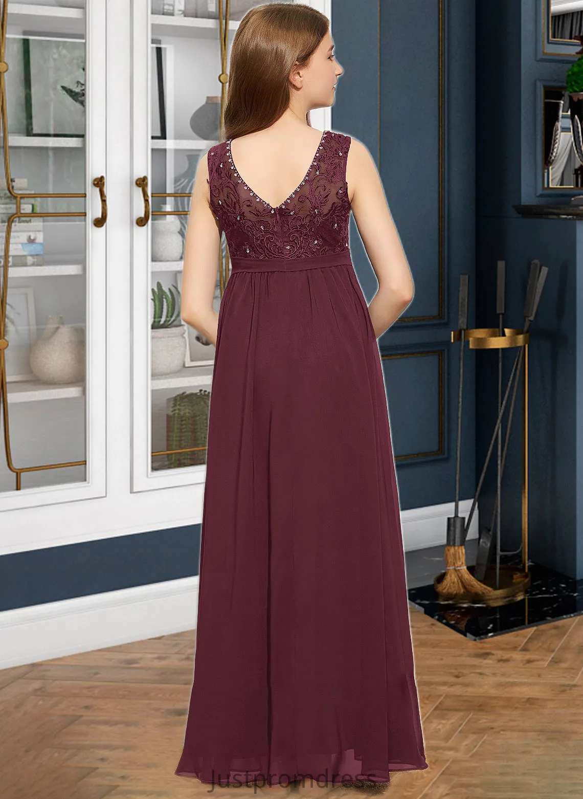 Akira A-Line Scoop Neck Floor-Length Chiffon Lace Junior Bridesmaid Dress With Beading Sequins HHP0013572