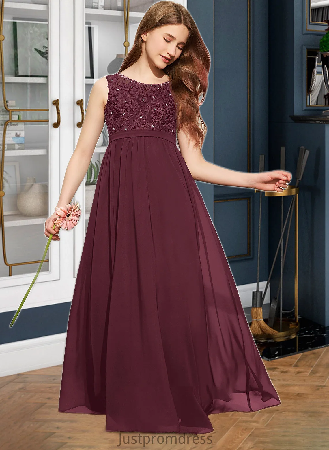 Akira A-Line Scoop Neck Floor-Length Chiffon Lace Junior Bridesmaid Dress With Beading Sequins HHP0013572