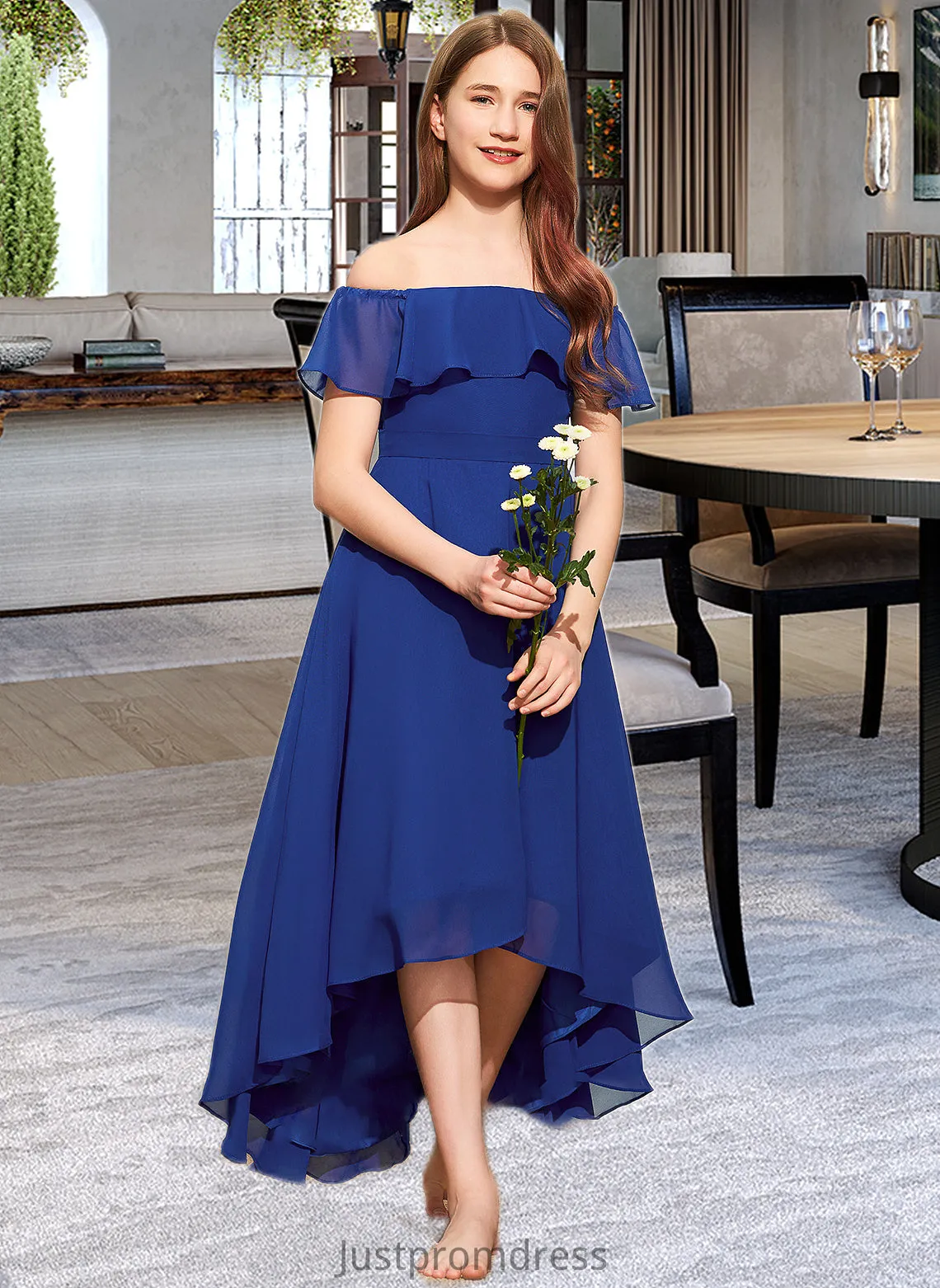 Alena A-Line Off-the-Shoulder Asymmetrical Chiffon Junior Bridesmaid Dress With Cascading Ruffles HHP0013338