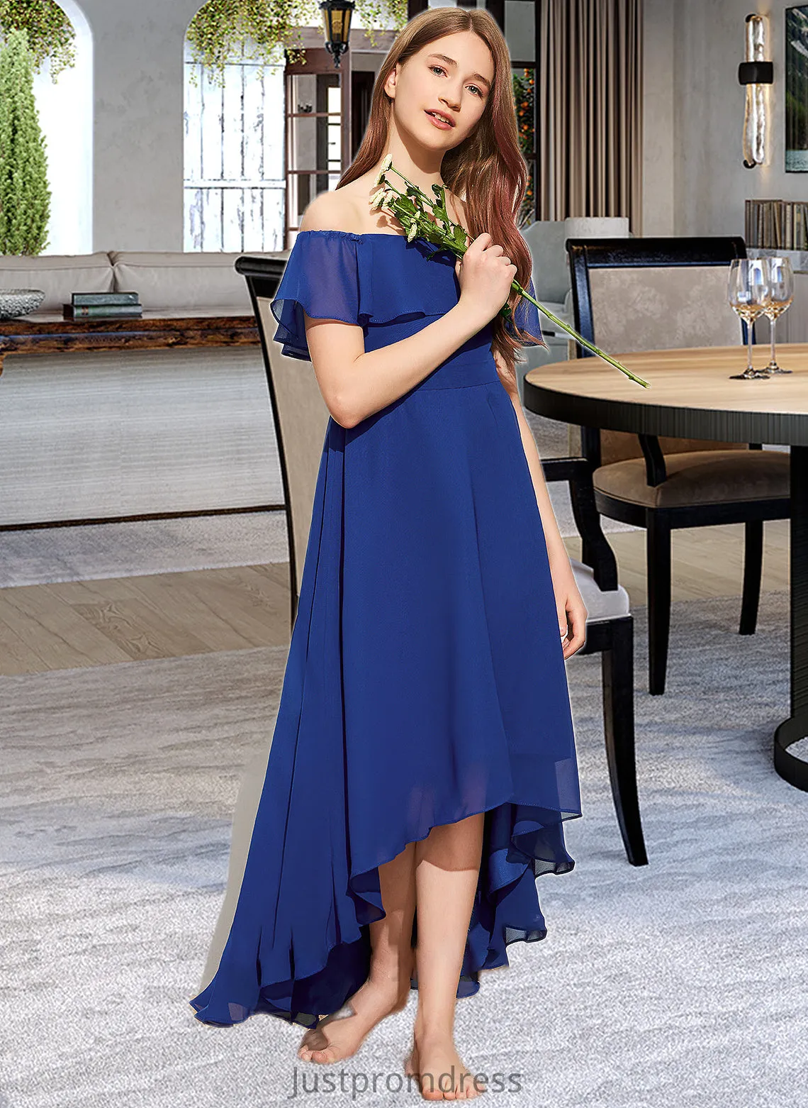 Alena A-Line Off-the-Shoulder Asymmetrical Chiffon Junior Bridesmaid Dress With Cascading Ruffles HHP0013338