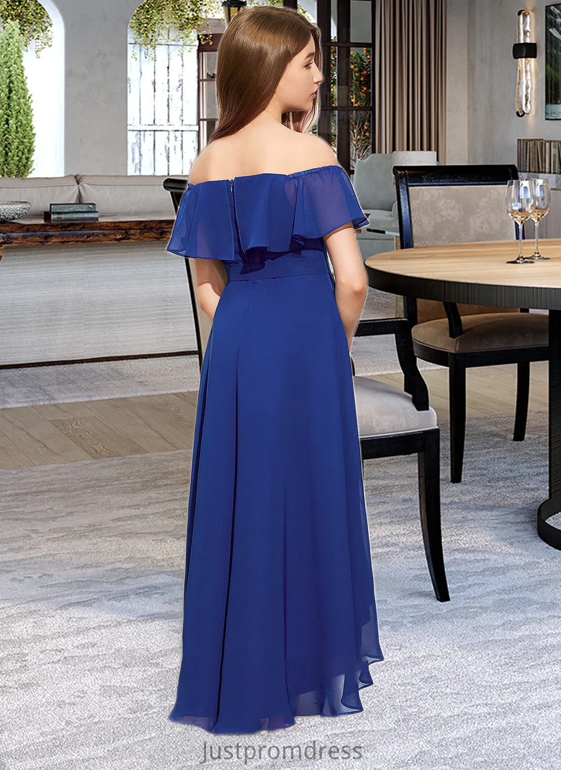 Alena A-Line Off-the-Shoulder Asymmetrical Chiffon Junior Bridesmaid Dress With Cascading Ruffles HHP0013338