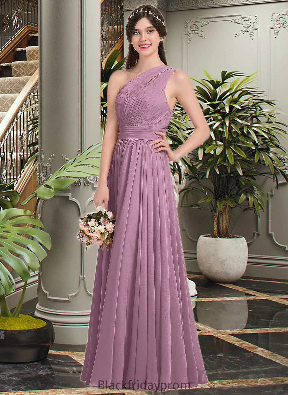 Alexia A-line One Shoulder Floor-Length Chiffon Bridesmaid Dress With Ruffle BF2P0013080