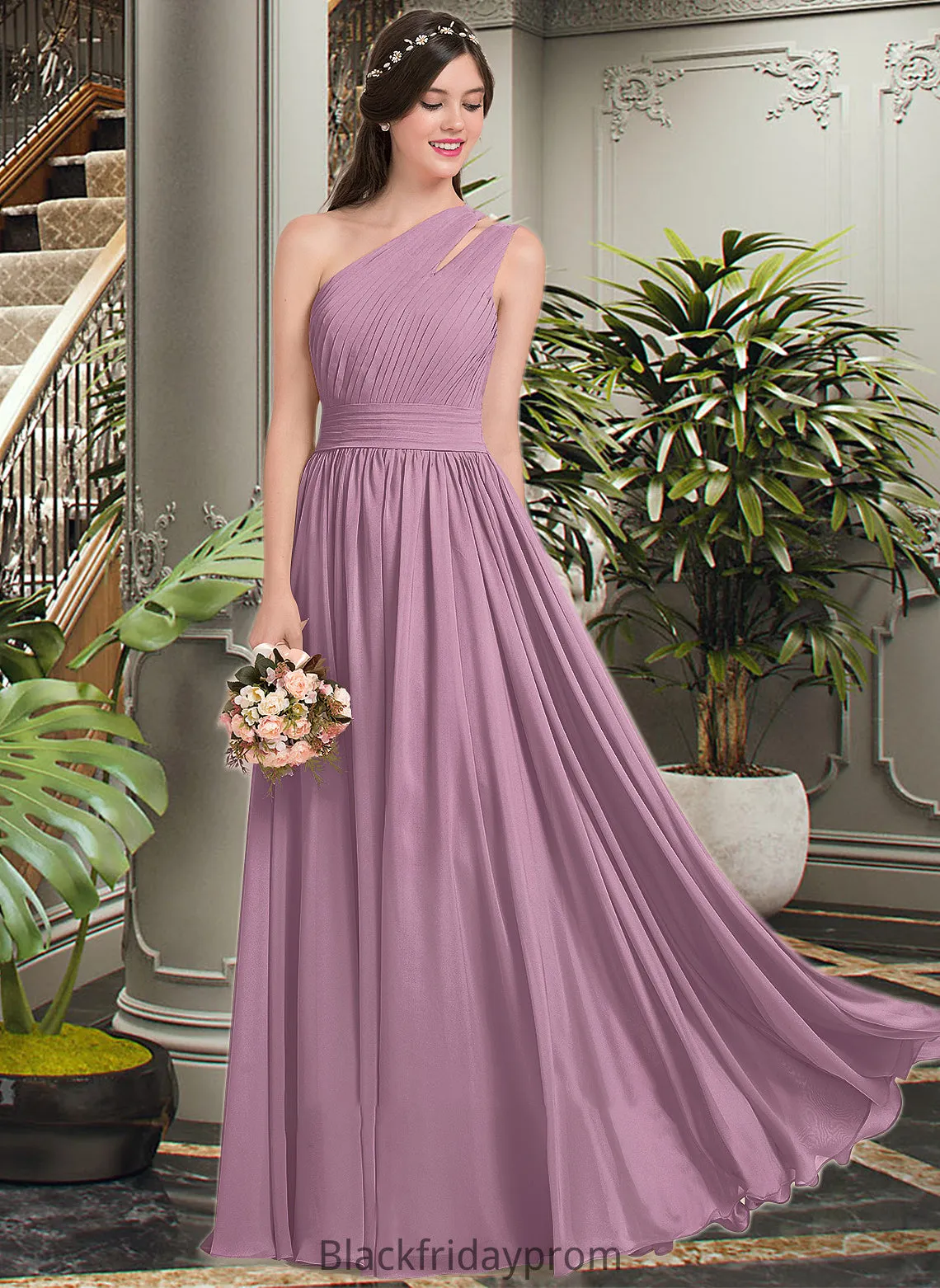 Alexia A-line One Shoulder Floor-Length Chiffon Bridesmaid Dress With Ruffle BF2P0013080