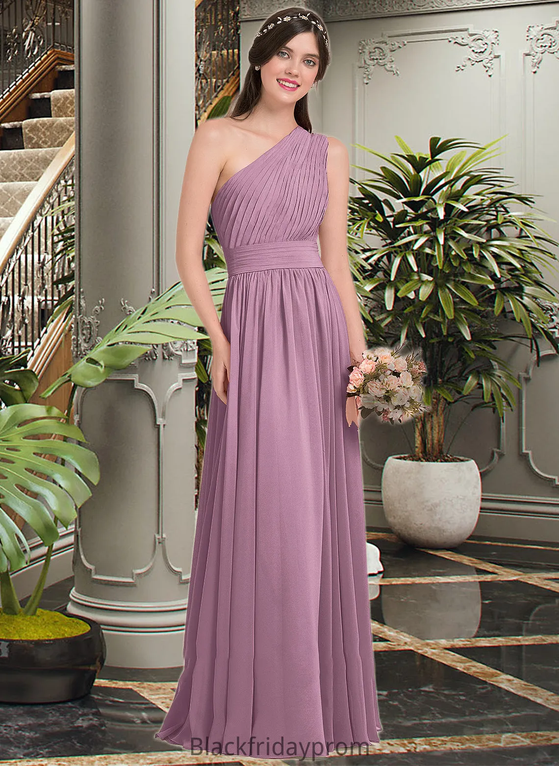 Alexia A-line One Shoulder Floor-Length Chiffon Bridesmaid Dress With Ruffle BF2P0013080