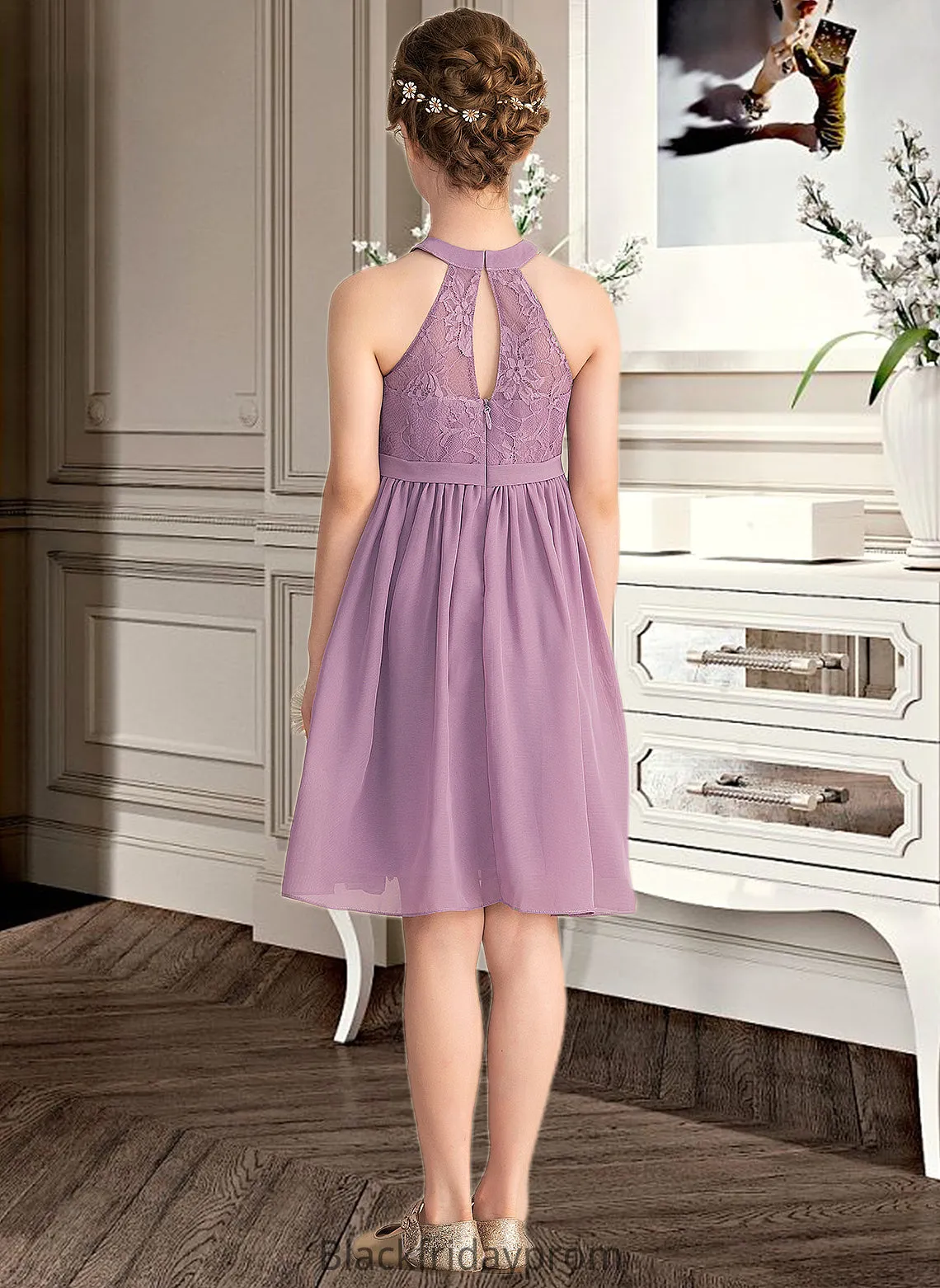 Alissa A-Line Scoop Neck Knee-Length Chiffon Lace Junior Bridesmaid Dress BF2P0013401