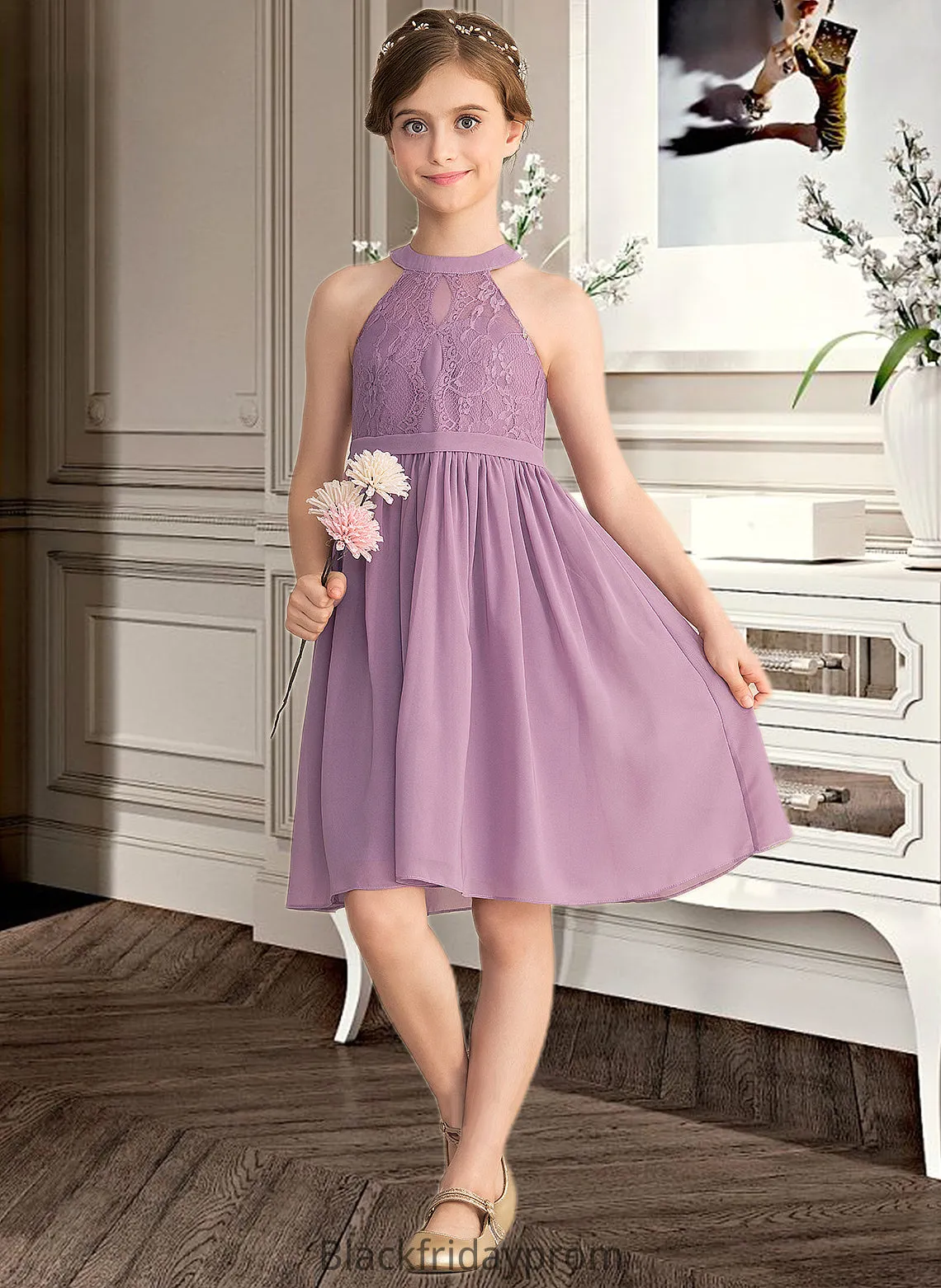 Alissa A-Line Scoop Neck Knee-Length Chiffon Lace Junior Bridesmaid Dress BF2P0013401
