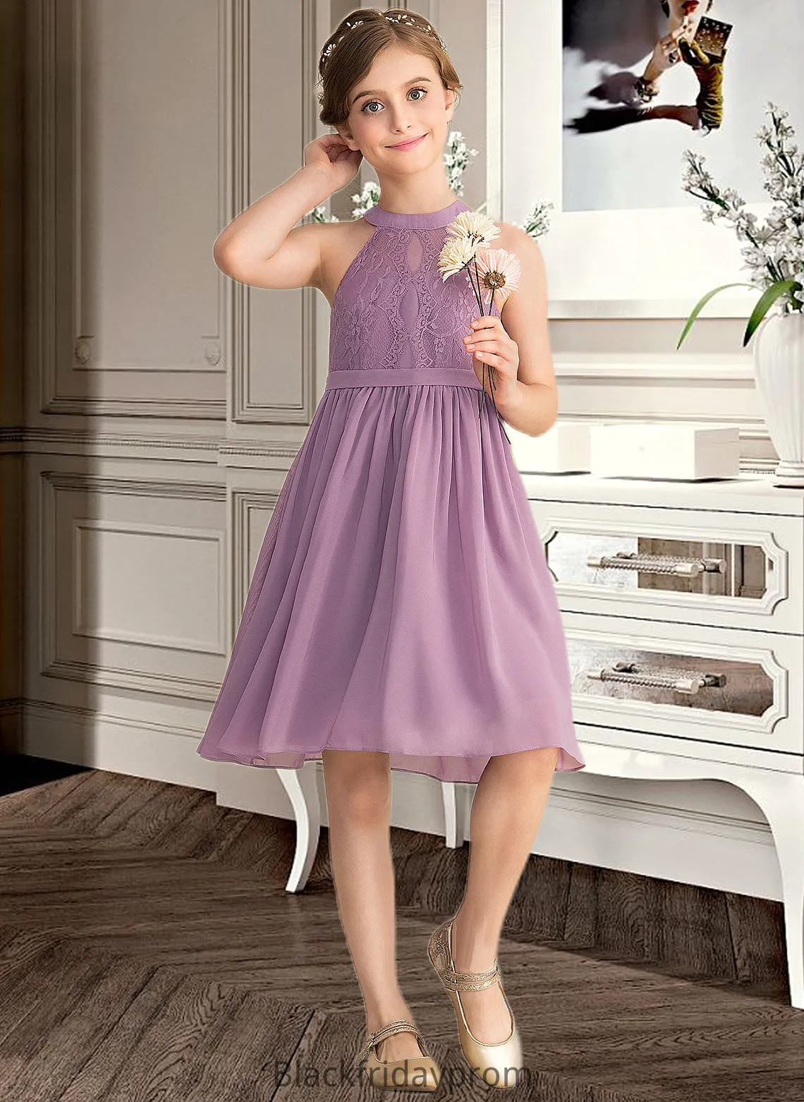 Alissa A-Line Scoop Neck Knee-Length Chiffon Lace Junior Bridesmaid Dress BF2P0013401