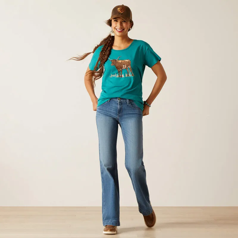Ariat Women's Longhorn Watercolor T-Shirt in Teal Green Heather