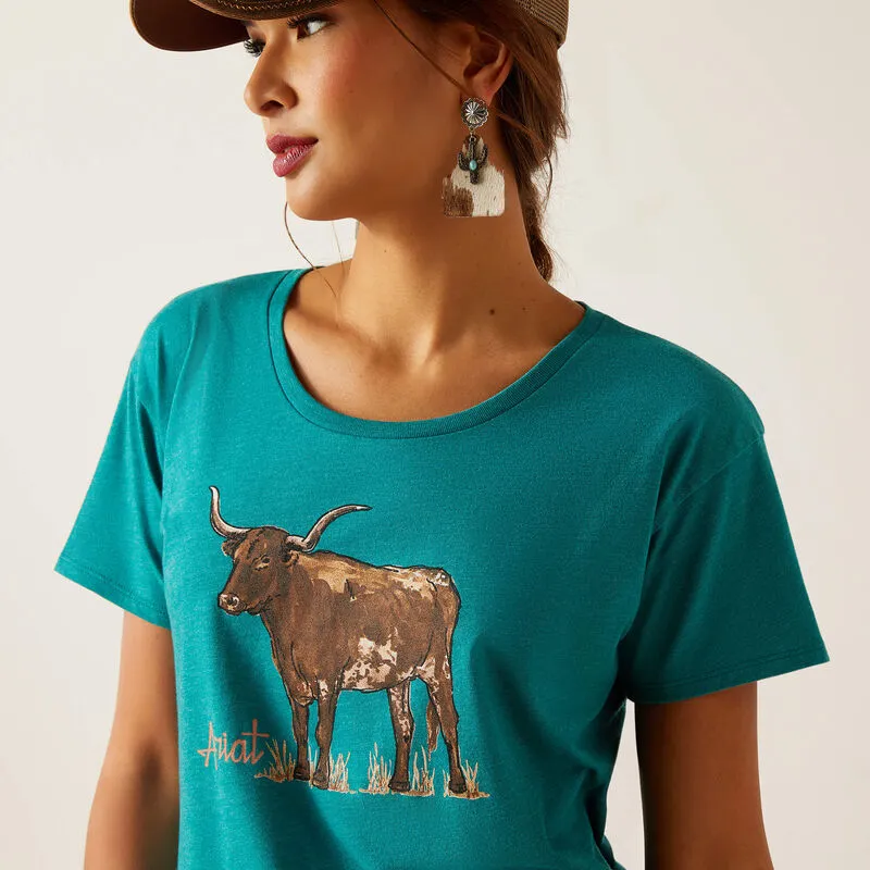 Ariat Women's Longhorn Watercolor T-Shirt in Teal Green Heather