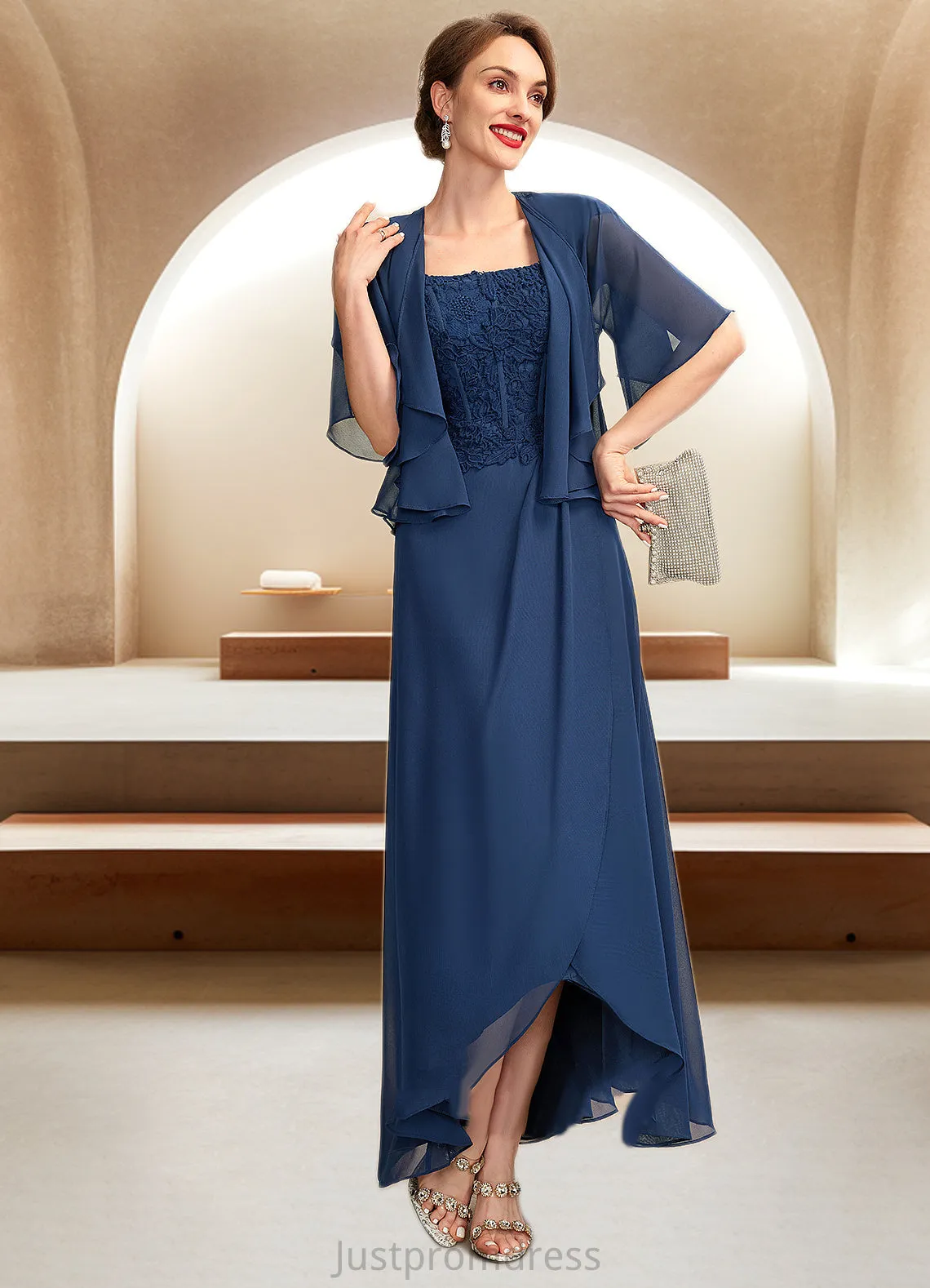 Aurora A-Line Square Neckline Asymmetrical Chiffon Lace Mother of the Bride Dress HH126P0015034