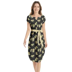 Azaleas Print Notched Neck Belted Dress
