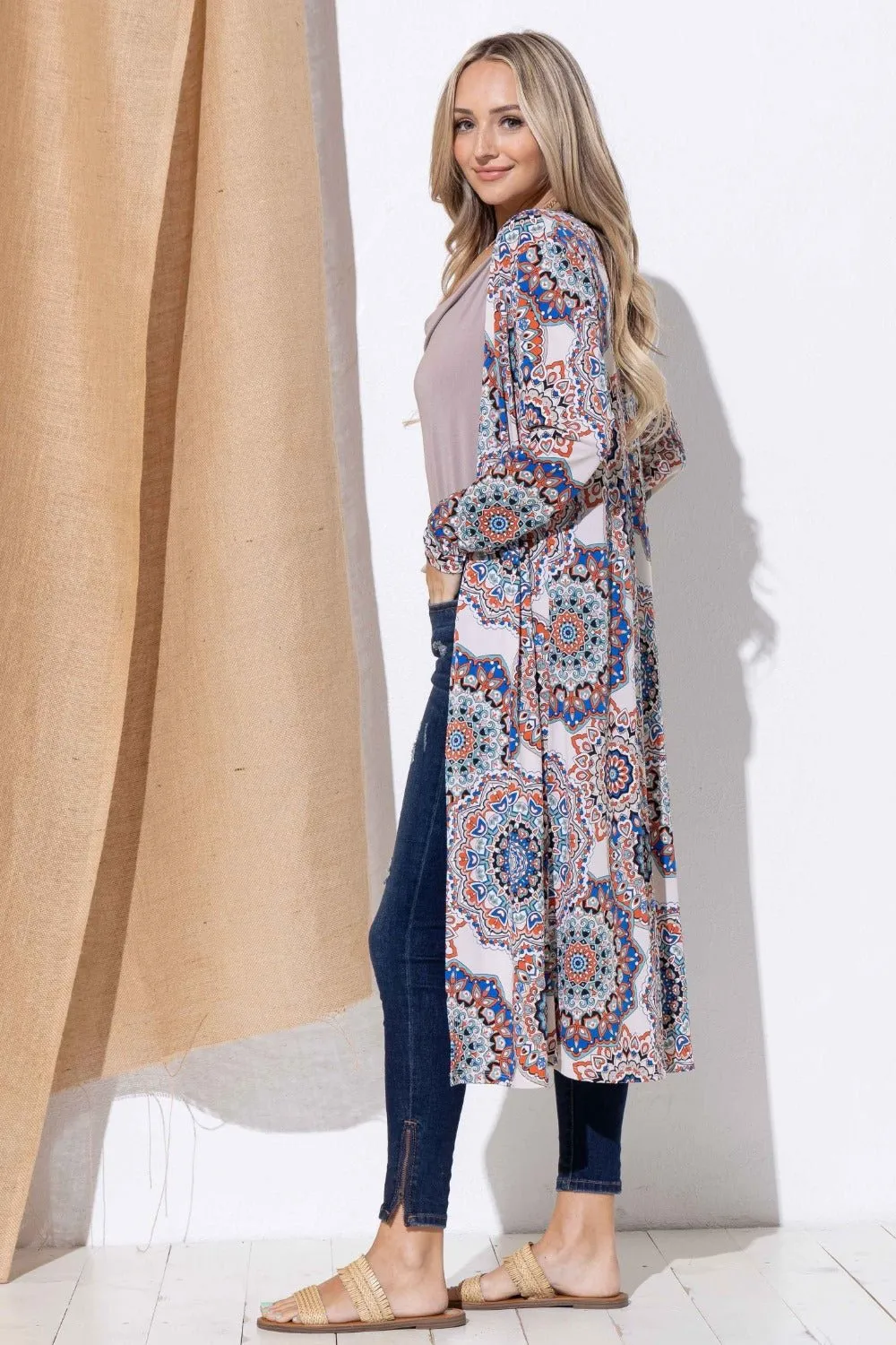 Aztec Print Open Front Longline Cardigan Kimono