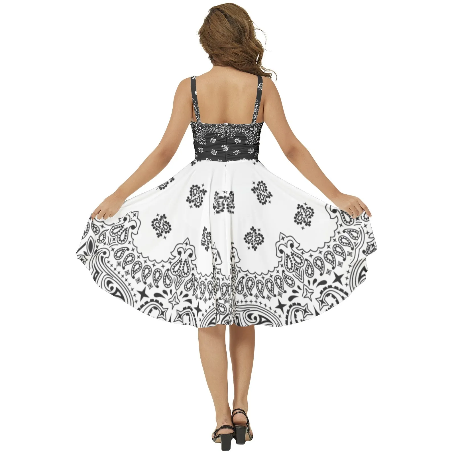 Bandana Art Sleeveless Square Neck Flare Hem Midi Dress