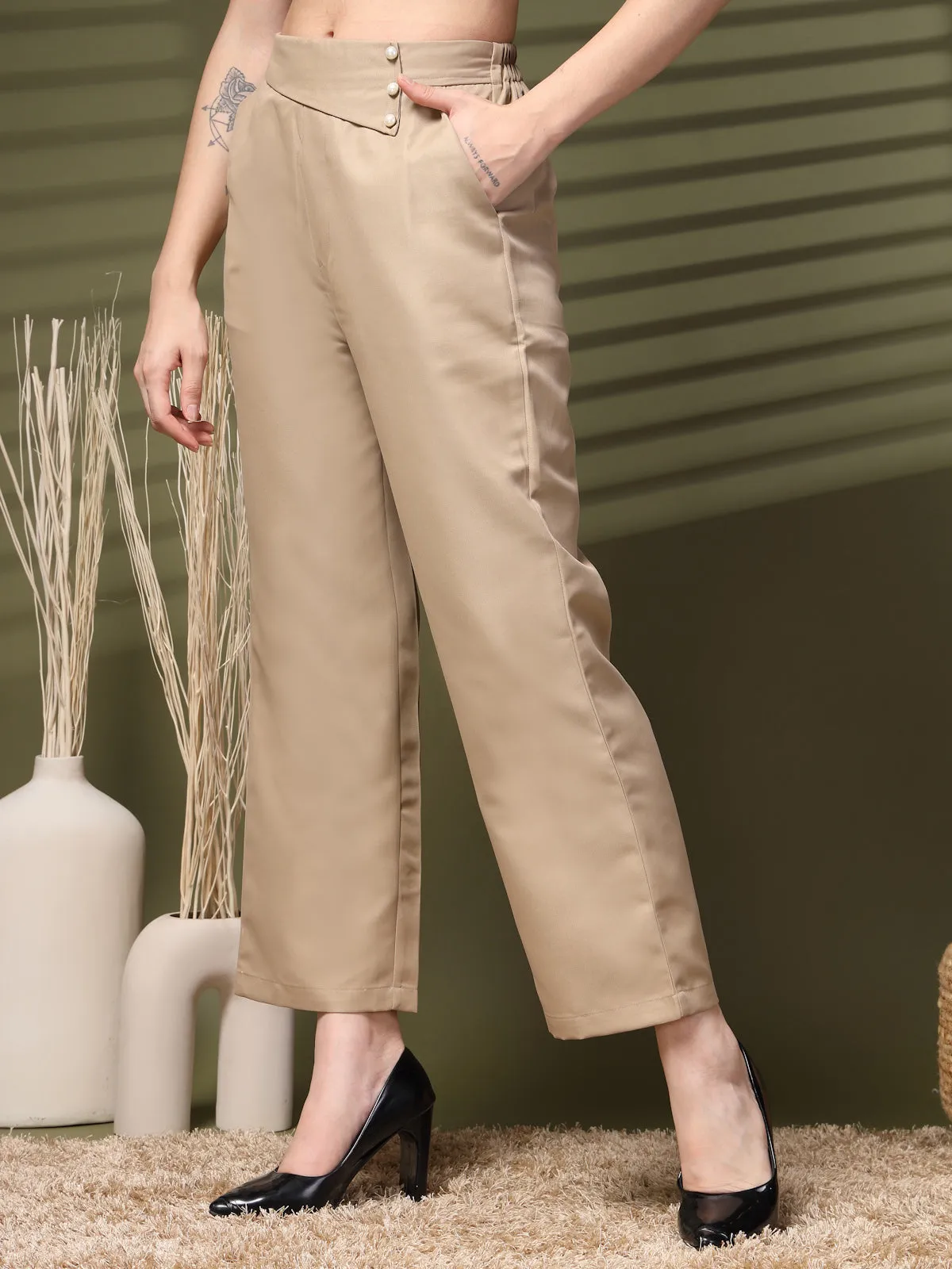 Beige Solid Loose Fit Trousers