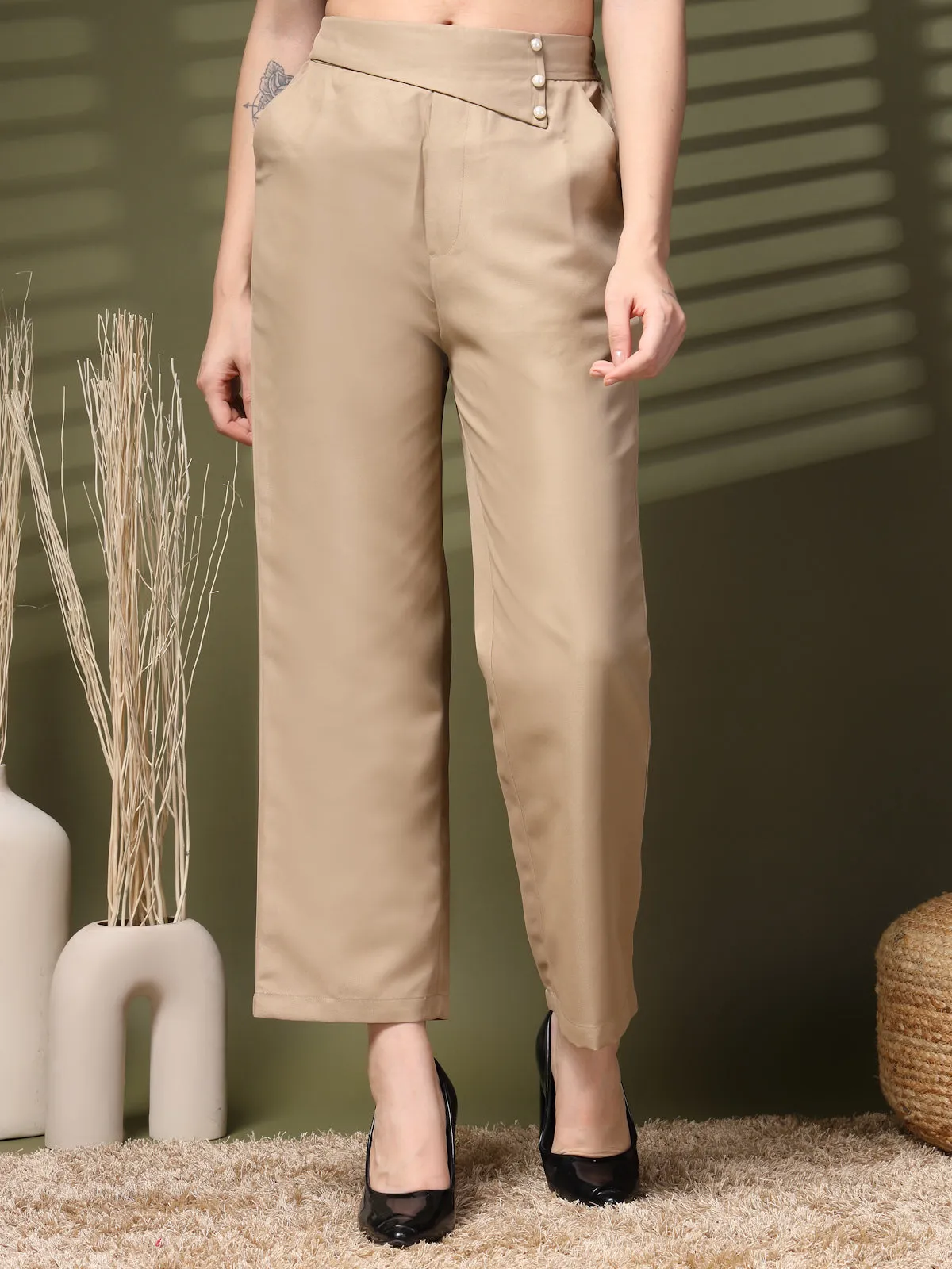 Beige Solid Loose Fit Trousers