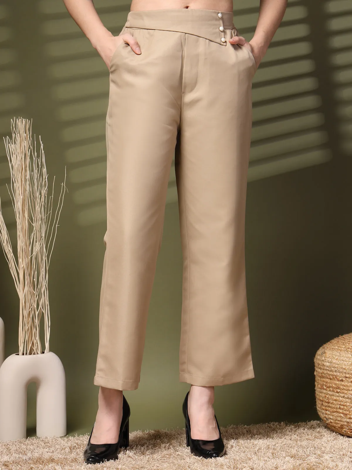 Beige Solid Loose Fit Trousers
