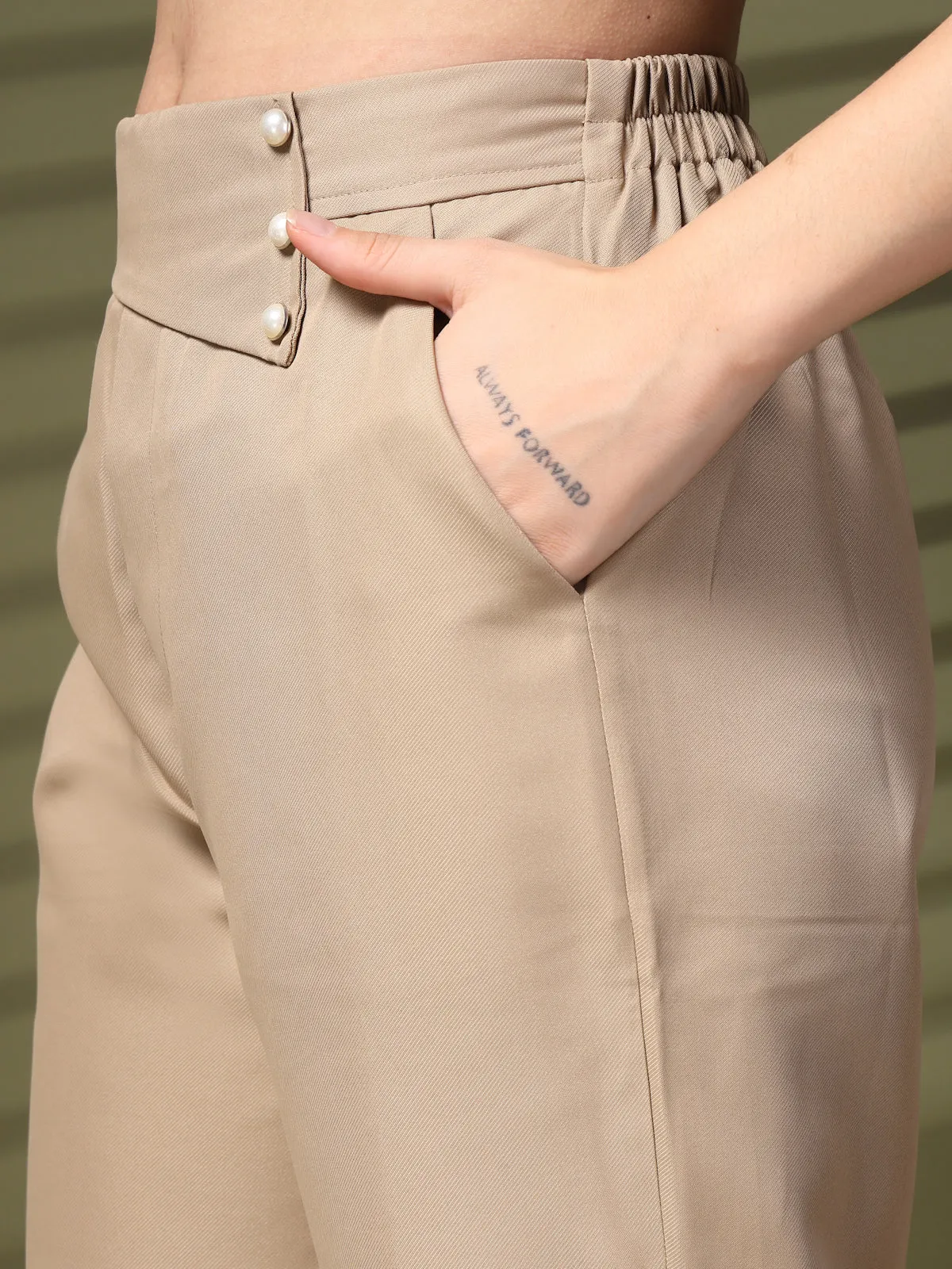 Beige Solid Loose Fit Trousers