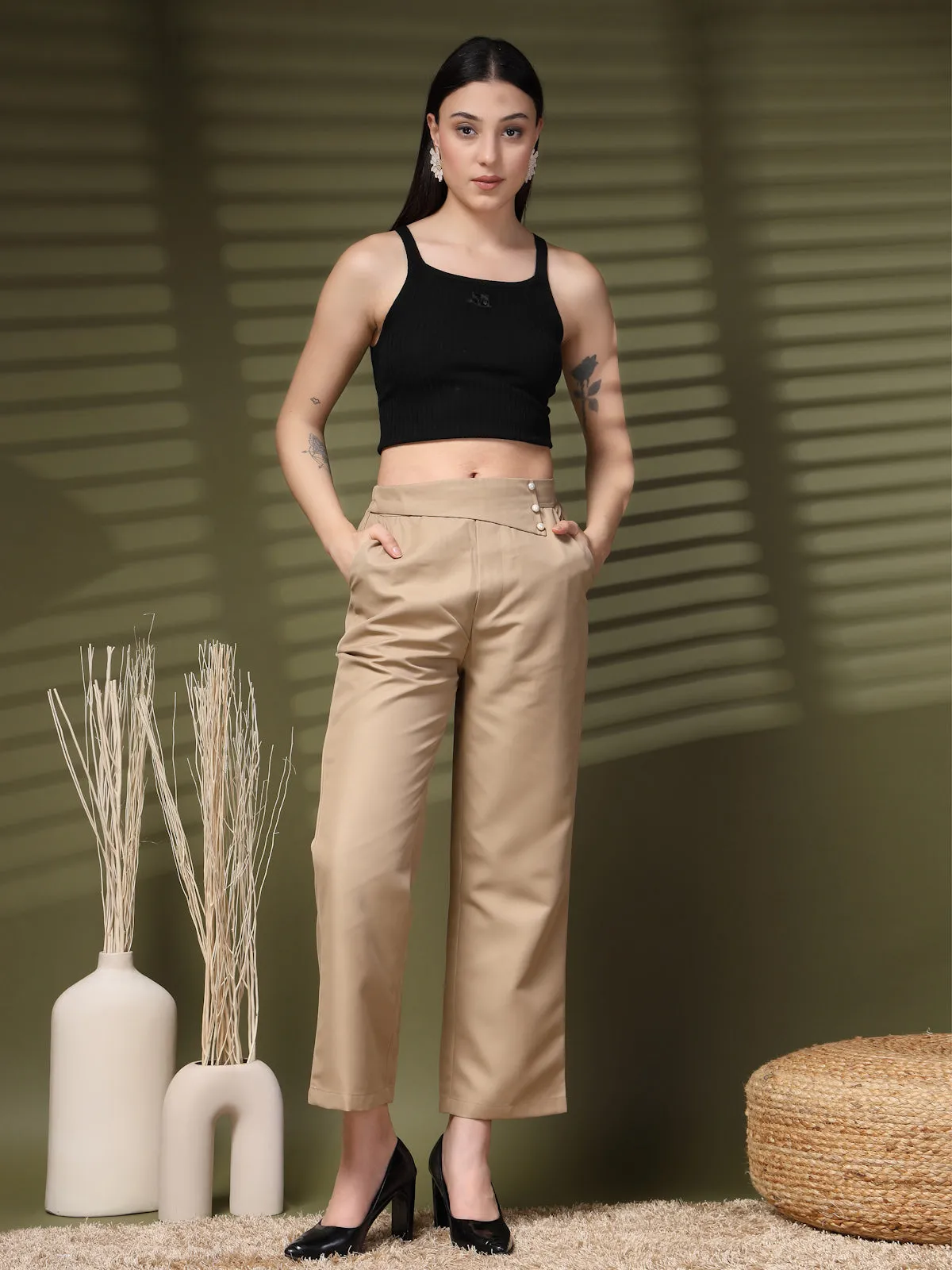 Beige Solid Loose Fit Trousers