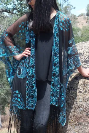 Black Blue Sequin Lace Peacock Kimono Top