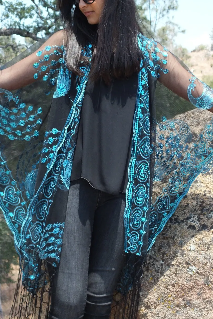 Black Blue Sequin Lace Peacock Kimono Top