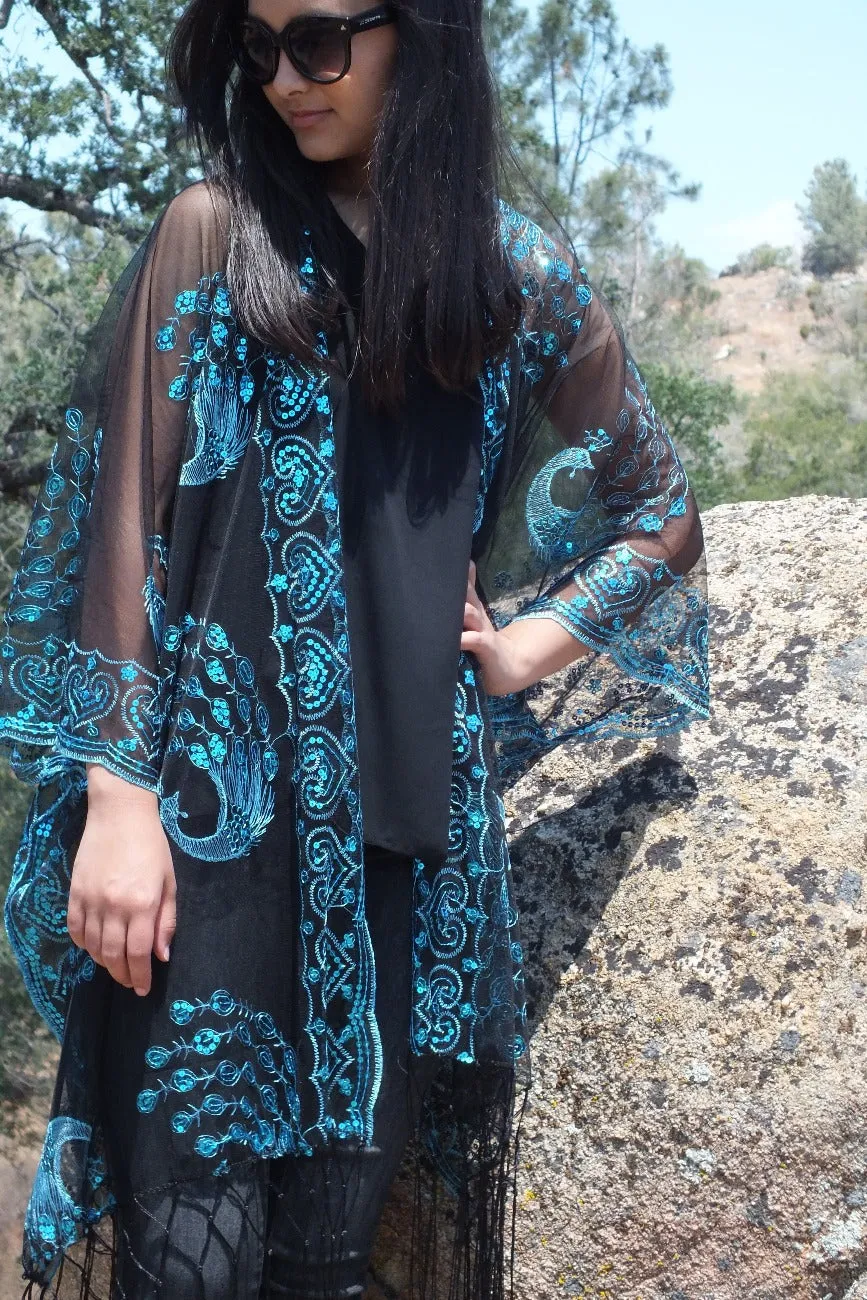 Black Blue Sequin Lace Peacock Kimono Top