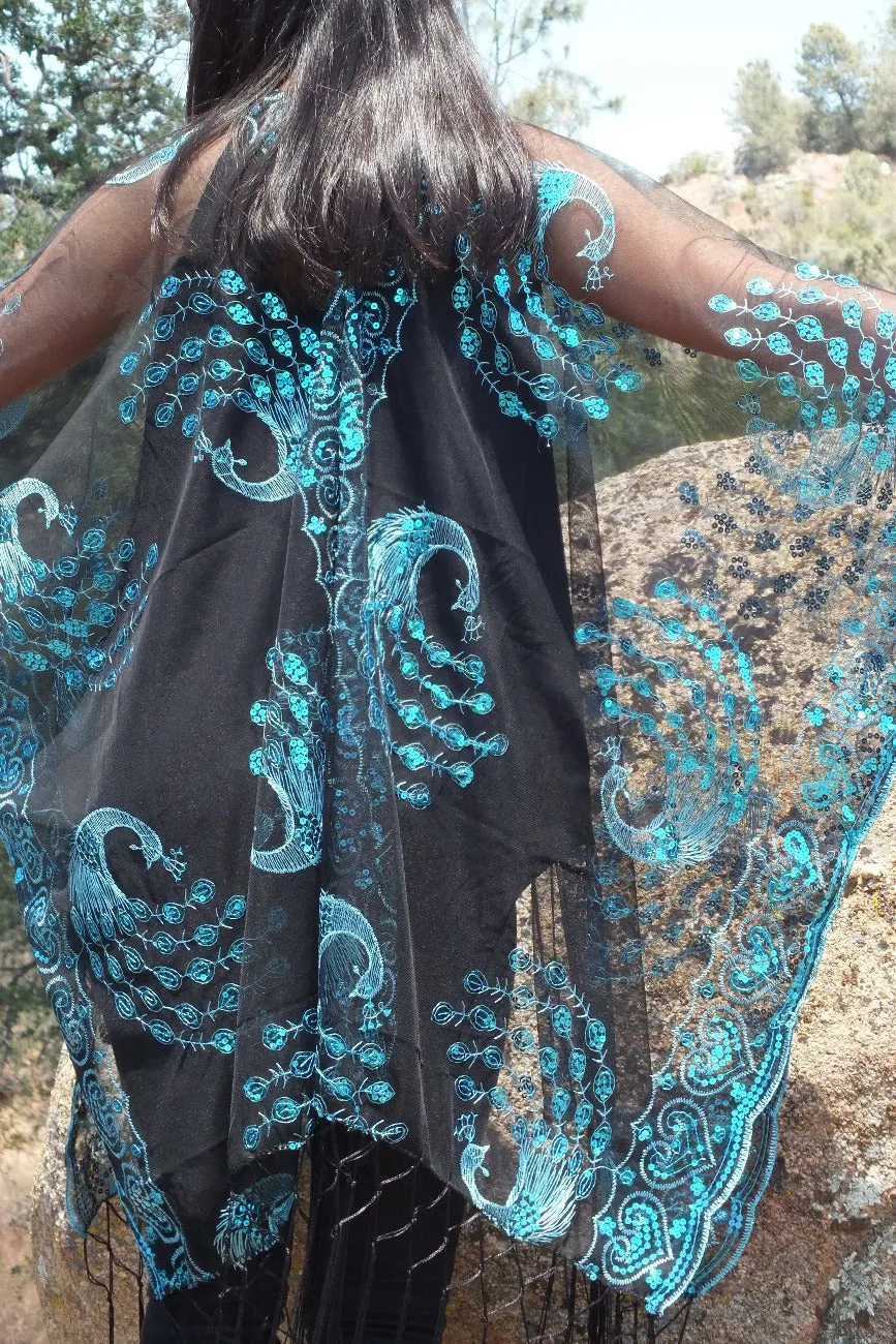 Black Blue Sequin Lace Peacock Kimono Top