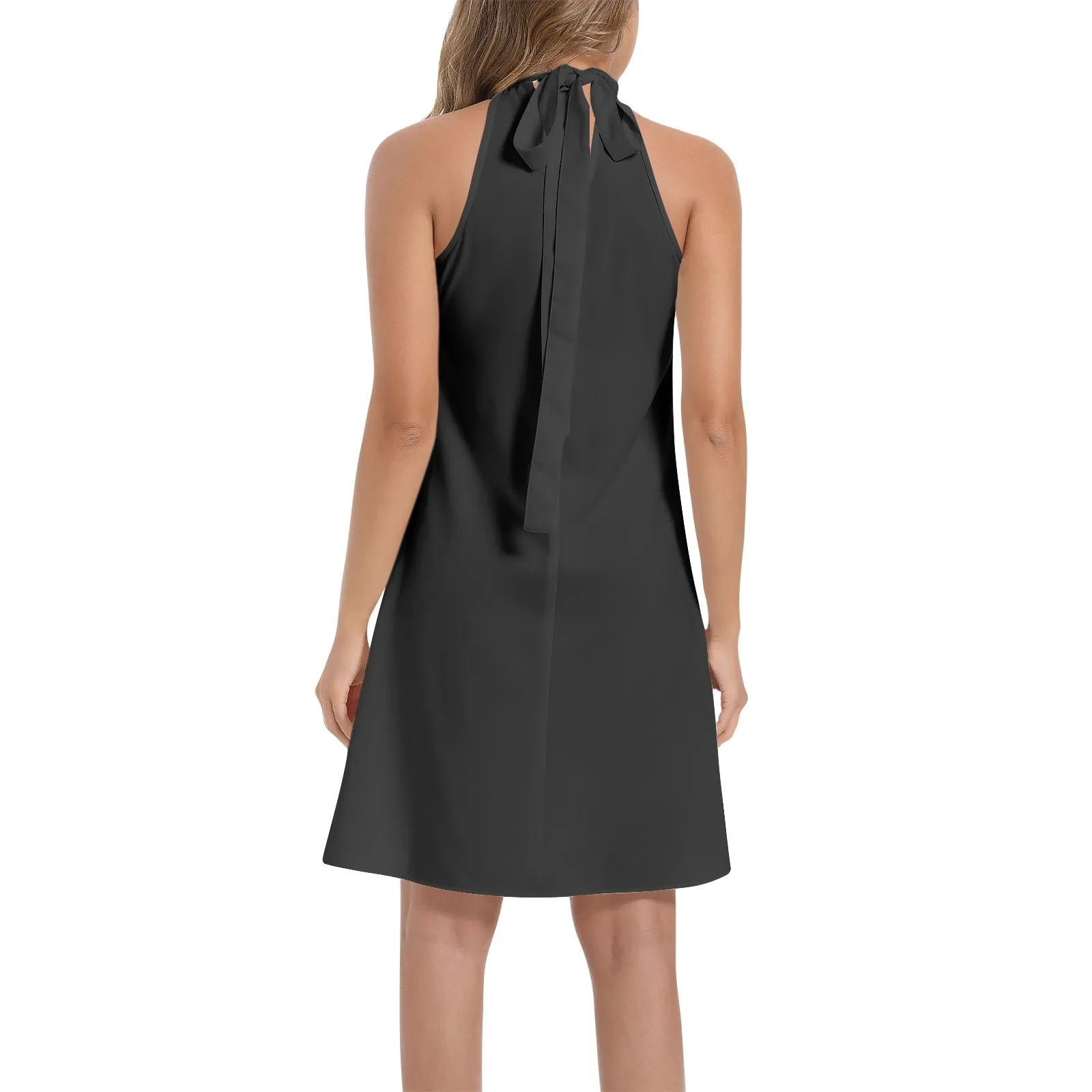 Black Tie Back Halter Neck Flared Dress