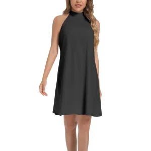Black Tie Back Halter Neck Flared Dress
