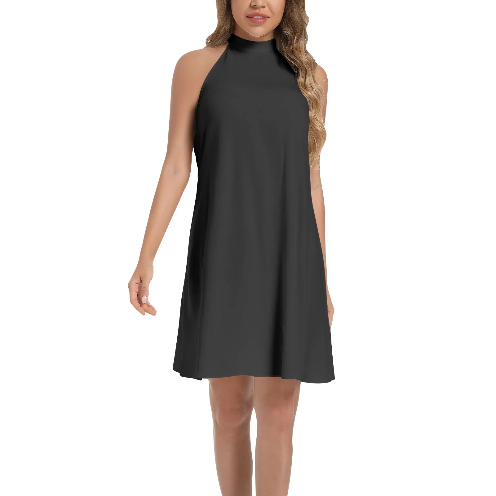 Black Tie Back Halter Neck Flared Dress