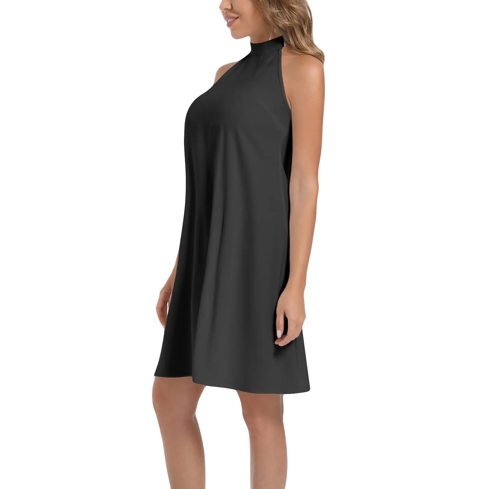 Black Tie Back Halter Neck Flared Dress