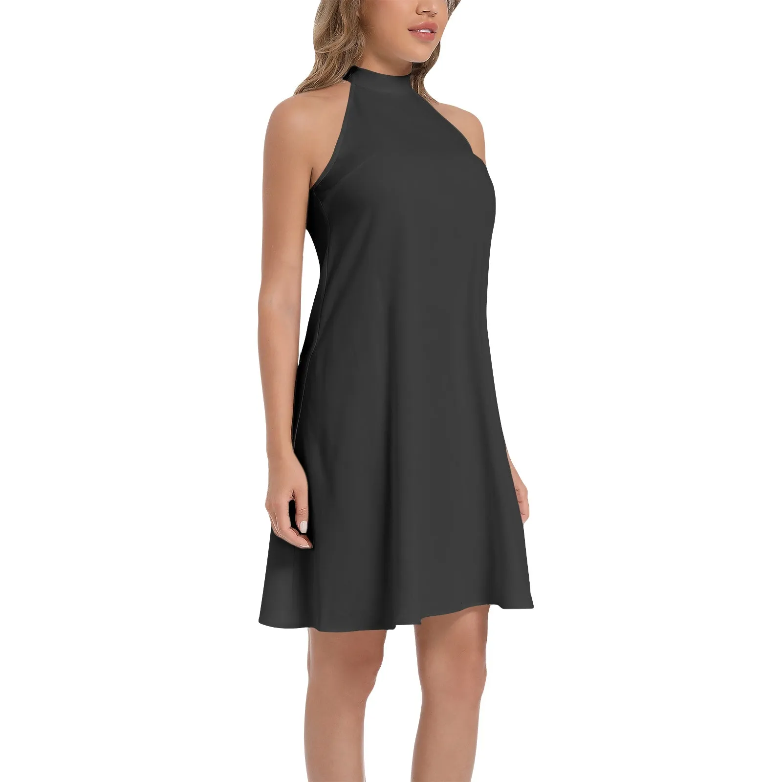 Black Tie Back Halter Neck Flared Dress