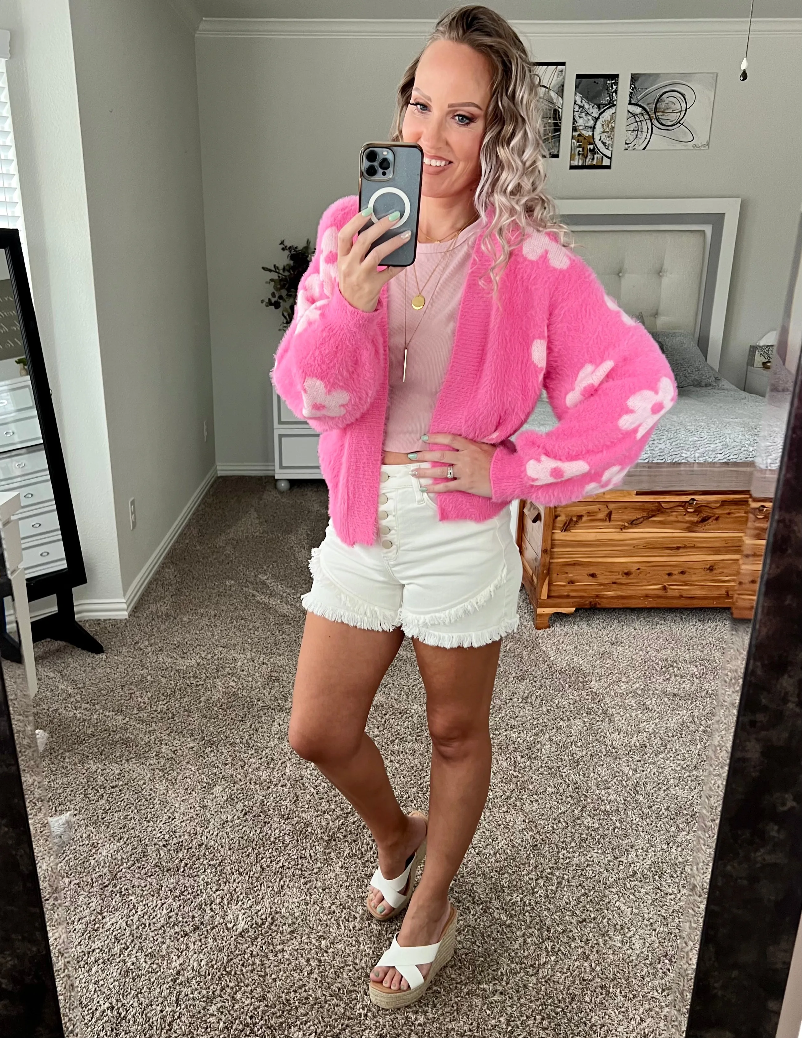 Button Fly Tulip Hem Distressed White Judy Blue shorts