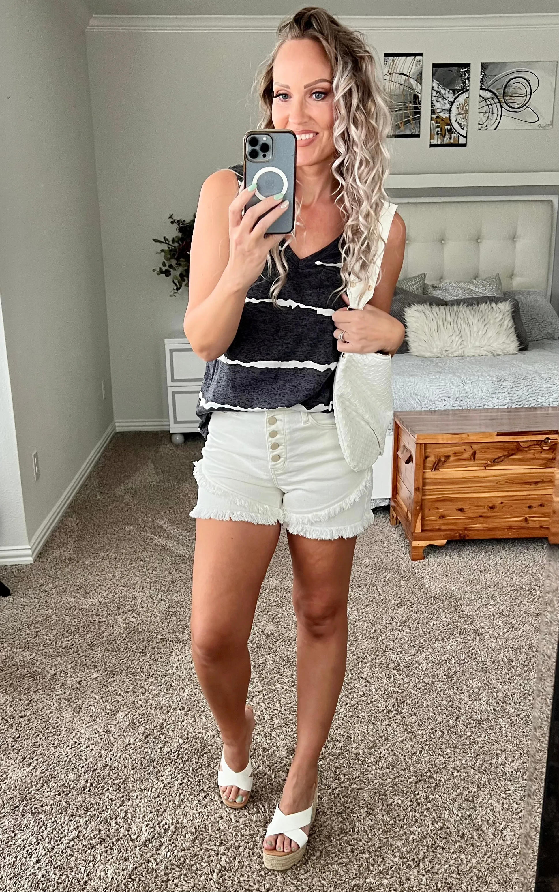 Button Fly Tulip Hem Distressed White Judy Blue shorts