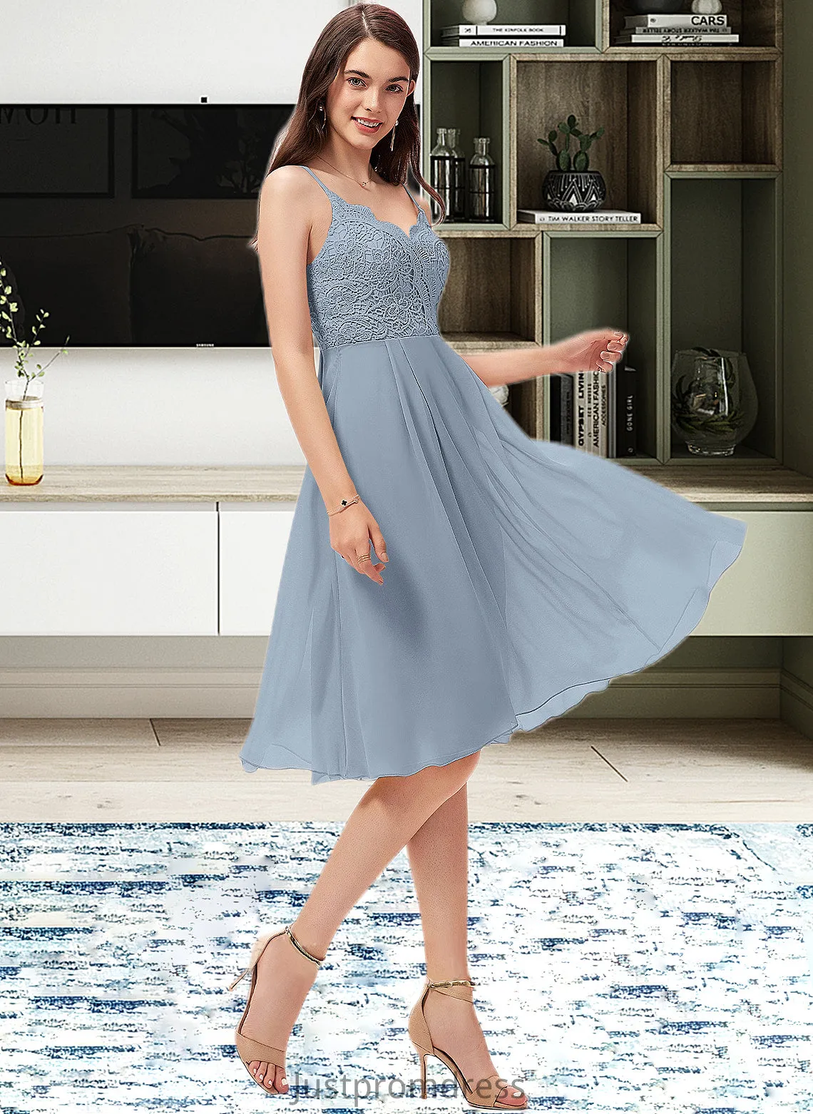 Caitlin A-Line V-neck Knee-Length Chiffon Lace Bridesmaid Dress HHP0013032