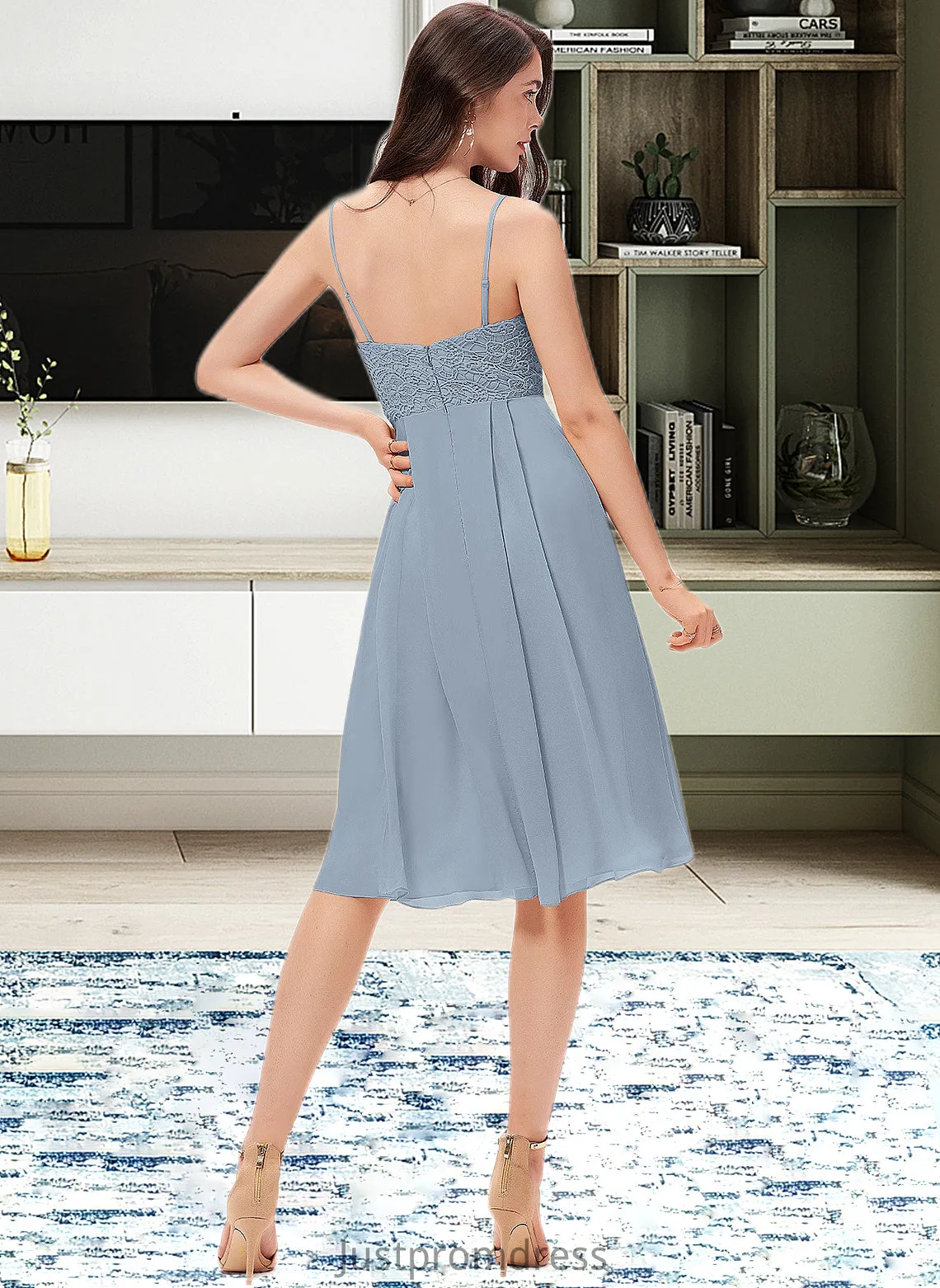 Caitlin A-Line V-neck Knee-Length Chiffon Lace Bridesmaid Dress HHP0013032