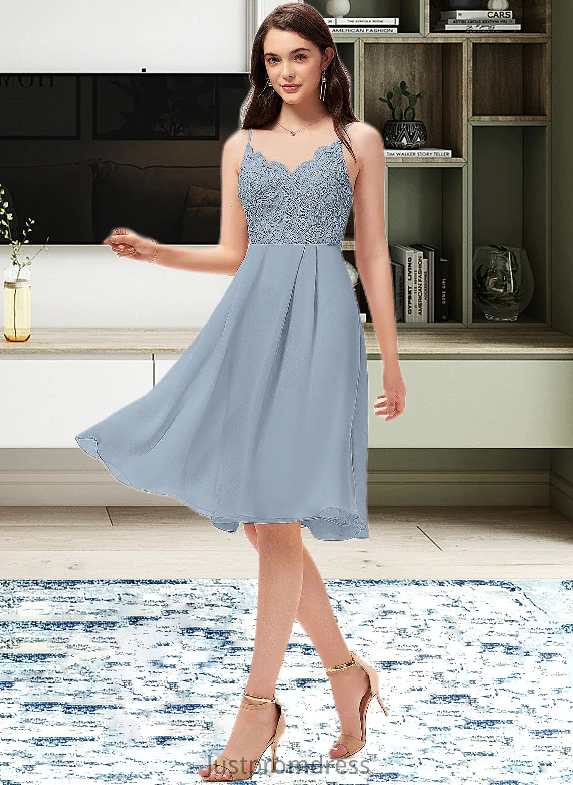 Caitlin A-Line V-neck Knee-Length Chiffon Lace Bridesmaid Dress HHP0013032