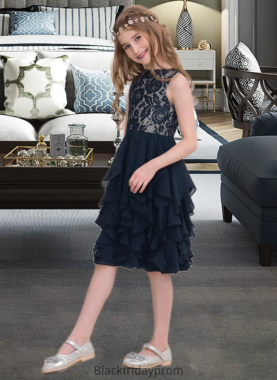 Carissa A-Line Scoop Neck Knee-Length Chiffon Junior Bridesmaid Dress With Cascading Ruffles BF2P0013543