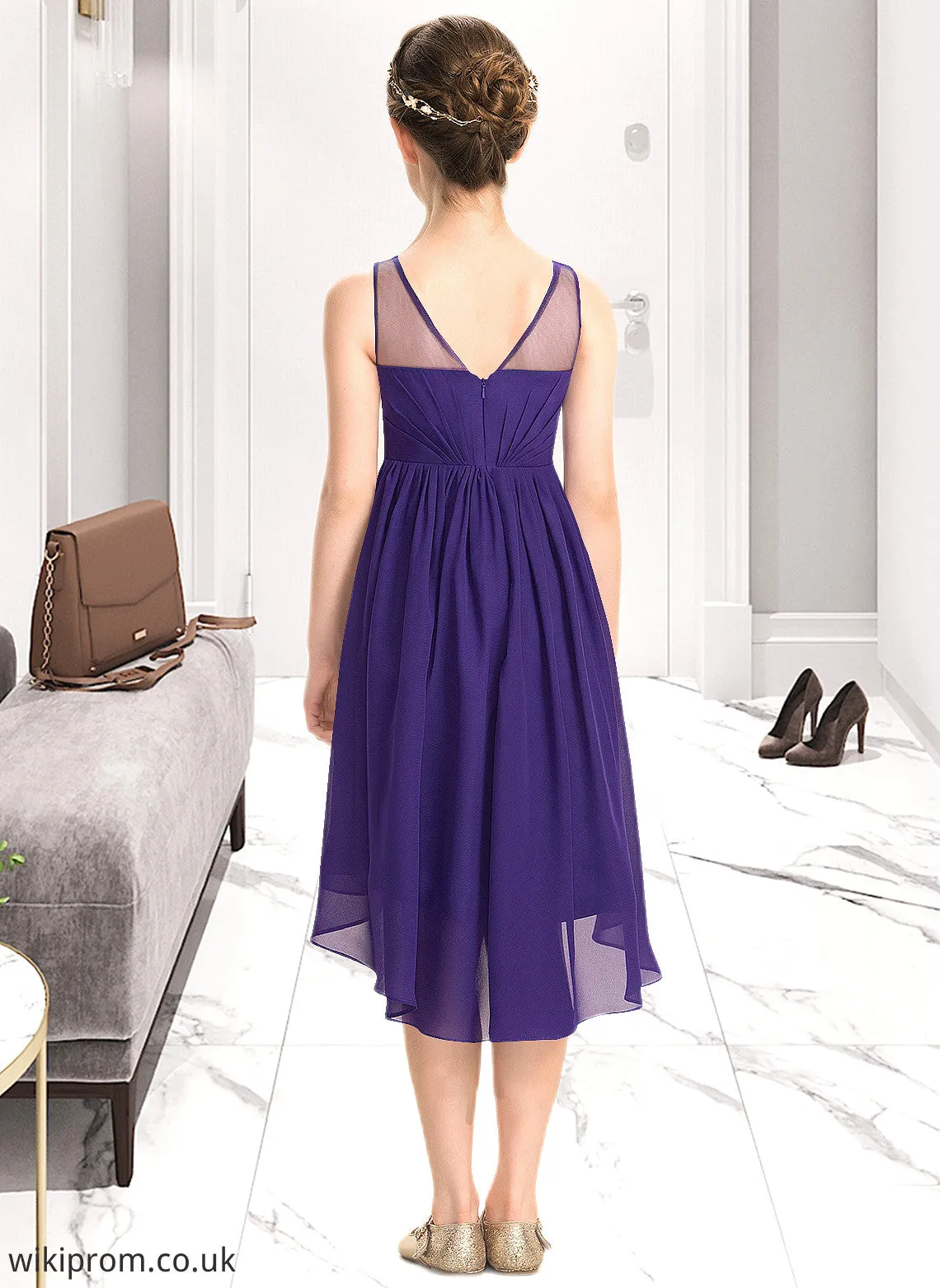 Carlie A-Line Scoop Neck Asymmetrical Chiffon Junior Bridesmaid Dress With Ruffle SWKP0013515