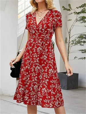 Casual Dress Wrap Dress A Line Dress Floral Ditsy Floral Lace up Print V Neck Midi Dress Fashion Streetwear Outdoor Daily Short Sleeve Regular Fit Red Navy Blue Summer Spring S M L XL for Women