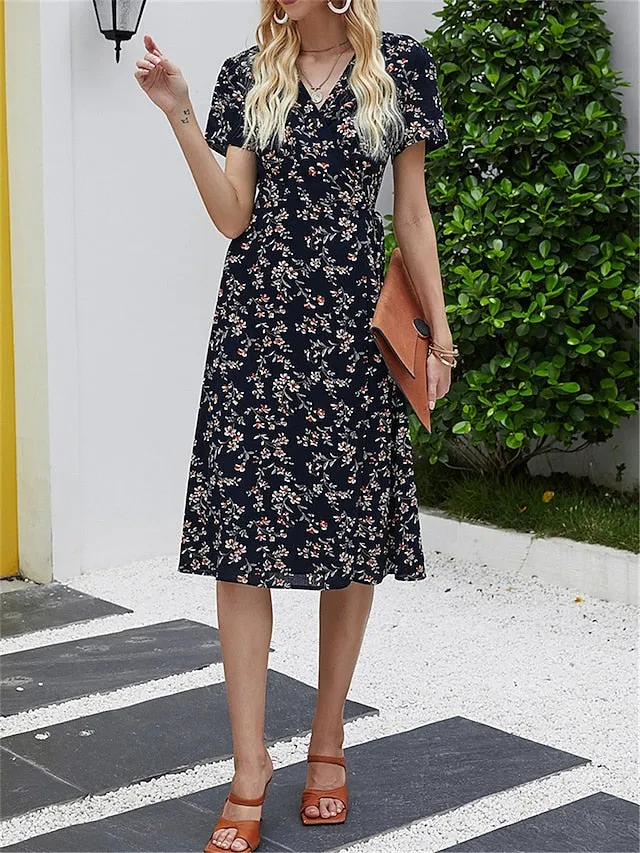 Casual Dress Wrap Dress A Line Dress Floral Ditsy Floral Lace up Print V Neck Midi Dress Fashion Streetwear Outdoor Daily Short Sleeve Regular Fit Red Navy Blue Summer Spring S M L XL for Women