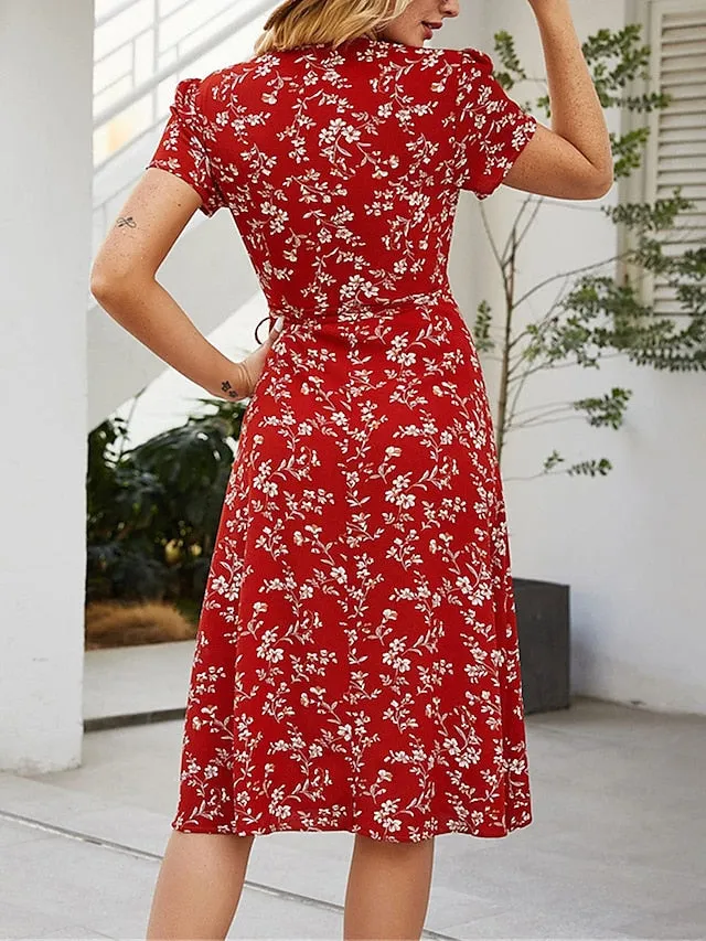 Casual Dress Wrap Dress A Line Dress Floral Ditsy Floral Lace up Print V Neck Midi Dress Fashion Streetwear Outdoor Daily Short Sleeve Regular Fit Red Navy Blue Summer Spring S M L XL for Women