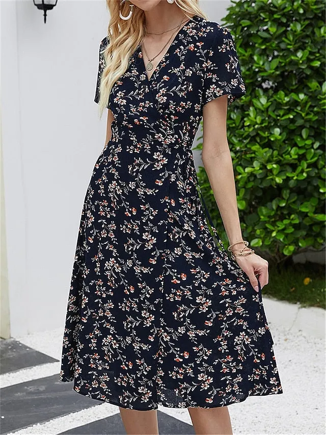 Casual Dress Wrap Dress A Line Dress Floral Ditsy Floral Lace up Print V Neck Midi Dress Fashion Streetwear Outdoor Daily Short Sleeve Regular Fit Red Navy Blue Summer Spring S M L XL for Women